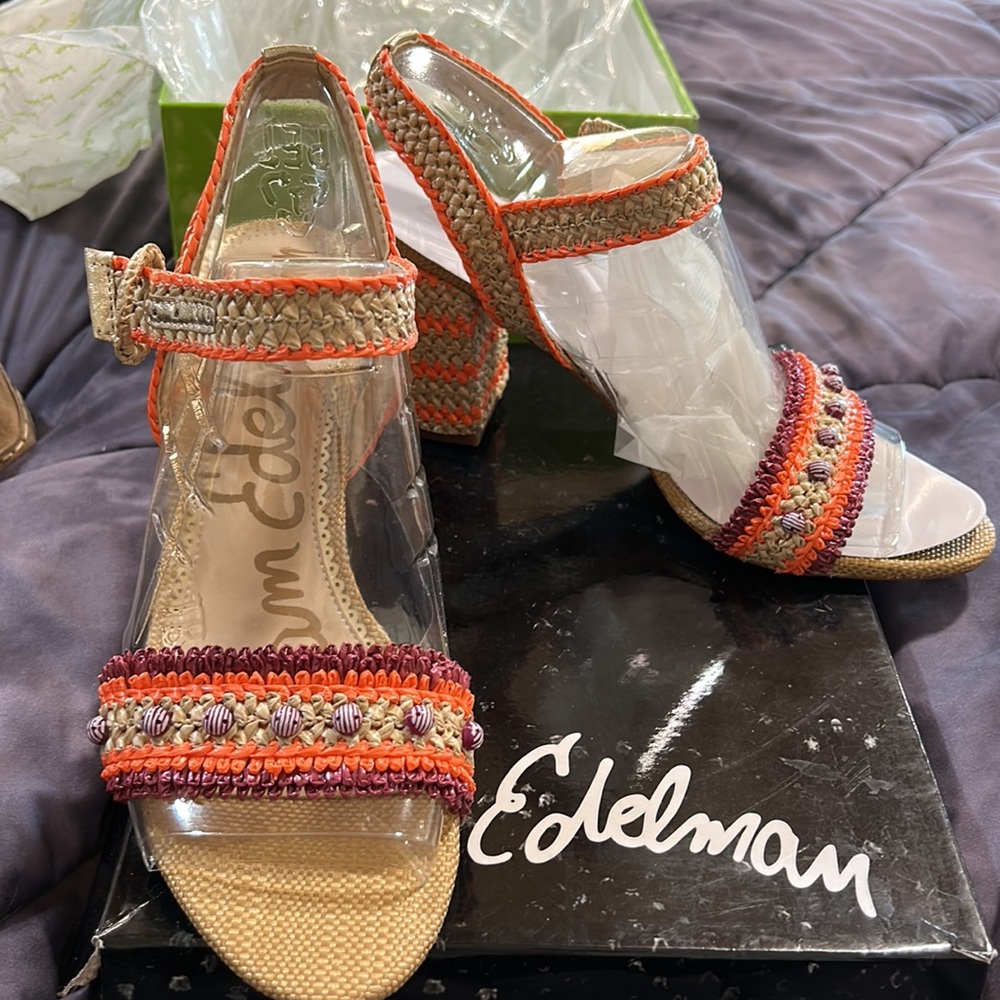 SAM EDELMAN brand new raffia sandals in orange, purple and neutral with beads s9 - Picture 8 of 11